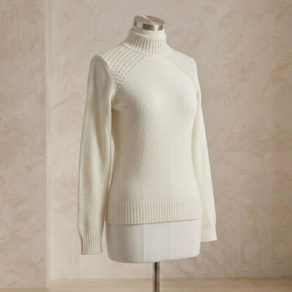 Juicy Couture Womens Pearl Studded Mock Neck Sweater XS Ivory Cream Pullover